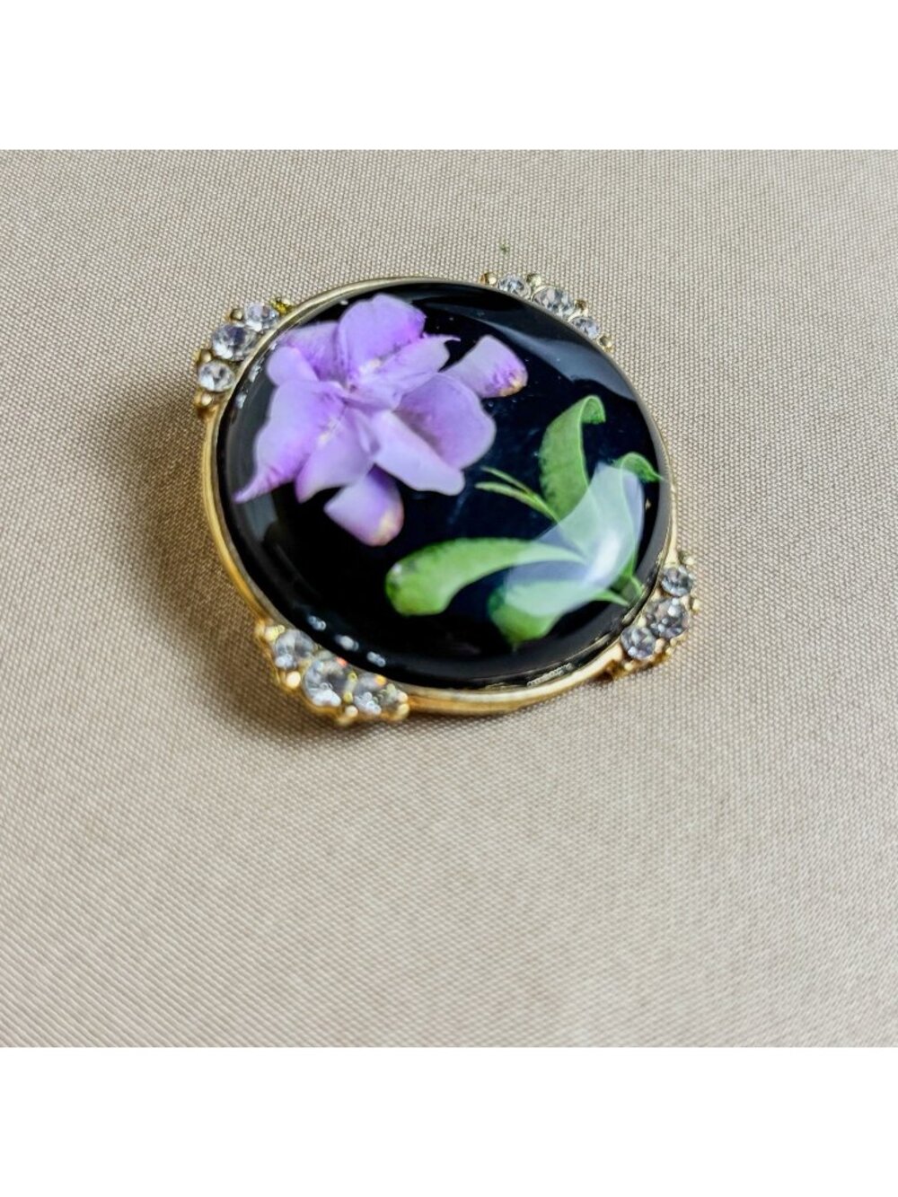 Vintage Purple Fabric Flower Resin Rhinestone Gold Tone Brooch Pin B96